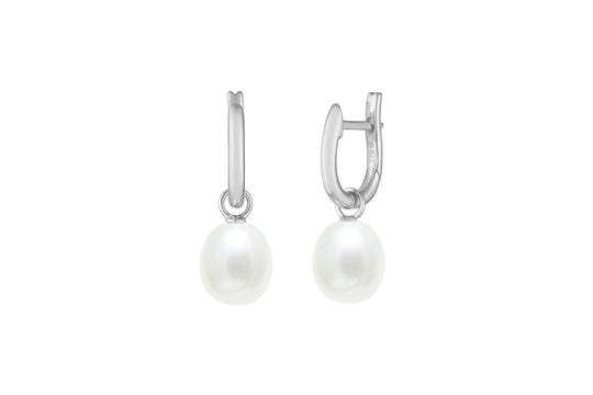 Teardrop Freshwater Pearl Huggie Earrings, 7.5-8mm - White Gold - ED306WG