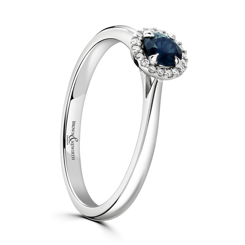 18ct White Gold Round Brilliant Cut Teal Sapphire & Diamond Ring