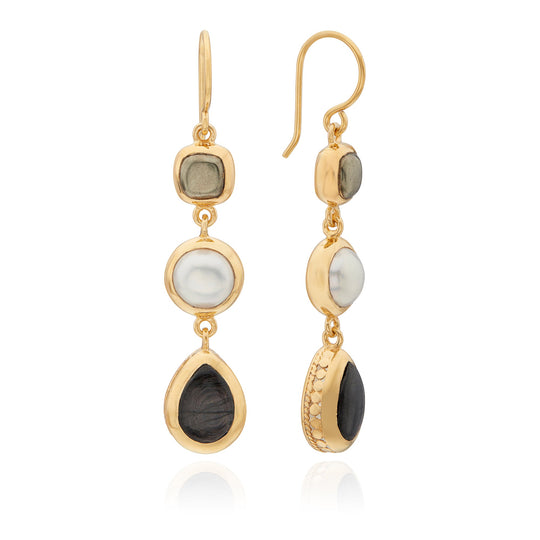 Hypersthene, Pyrite, and Pearl Triple Drop Earrings - Gold - ER10527-GHYPL