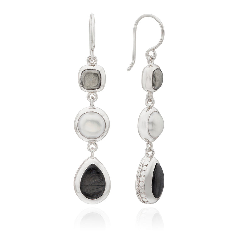 Hypersthene, Pyrite, and Pearl Triple Drop Earrings - Silver - ER10527-SHYPL