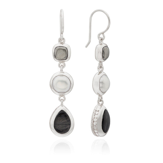 Hypersthene, Pyrite, and Pearl Triple Drop Earrings - Silver - ER10527-SHYPL