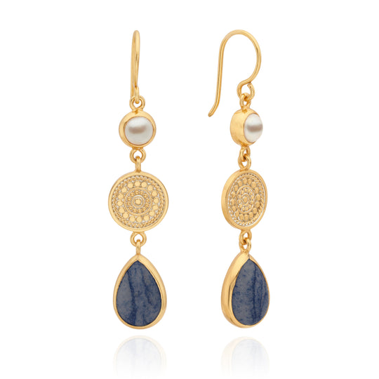 Dumortierite and Pearl Triple Drop Earrings - Gold - ER10628-GDD