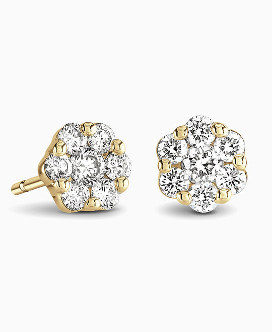 Round Brilliant Diamond Cluster Stud Earrings - 9ct Yellow Gold - 0.40ct