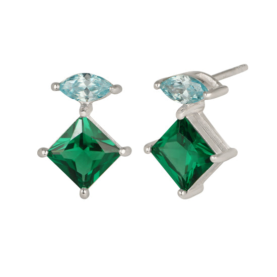 Esme Statement Emerald/Sky Blue Stud Earrings - Silver - AS22TRE10