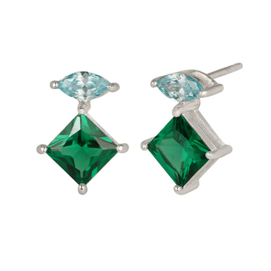 Esme Statement Emerald/Sky Blue Stud Earrings - Silver - AS22TRE10