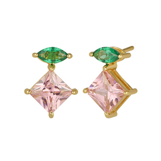 Esme Statement Rose/Emerald Stud Earrings - Gold - AS22TRE09