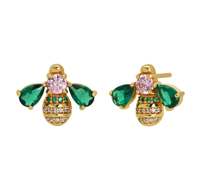 Beatrice Jewelled Bee Stud Earrings - Blush Pink, Emerald Green & Gold - AS22FFE01