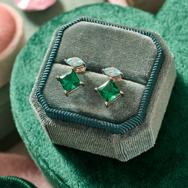 Esme Statement Emerald/Sky Blue Stud Earrings - Silver - AS22TRE10
