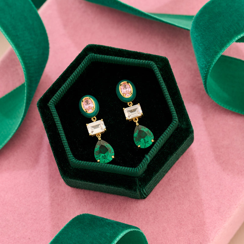 Frida Statement Rose/Emerald Drop Earrings - Gold - AS22TRE17