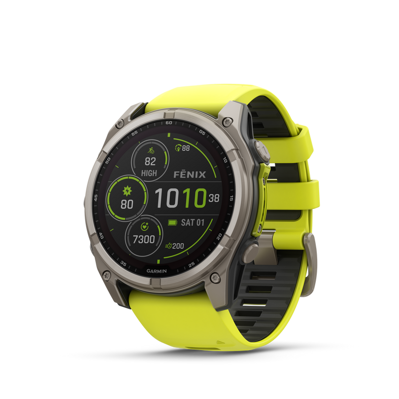 Fenix 8 GPS Smartwatch, 51mm - Solar, Sapphire, Titanium with Amp Yellow/Graphite Silicone Band - 010-02907-21