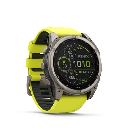 Fenix 8 GPS Smartwatch, 51mm - Solar, Sapphire, Titanium with Amp Yellow/Graphite Silicone Band - 010-02907-21