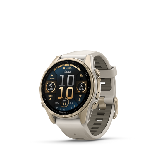 Fenix 8 Smartwatch, 43mm - AMOLED, Sapphire, Soft Gold with Fog Grey/Dark Sandstone Silicone Band - 010-02903-11