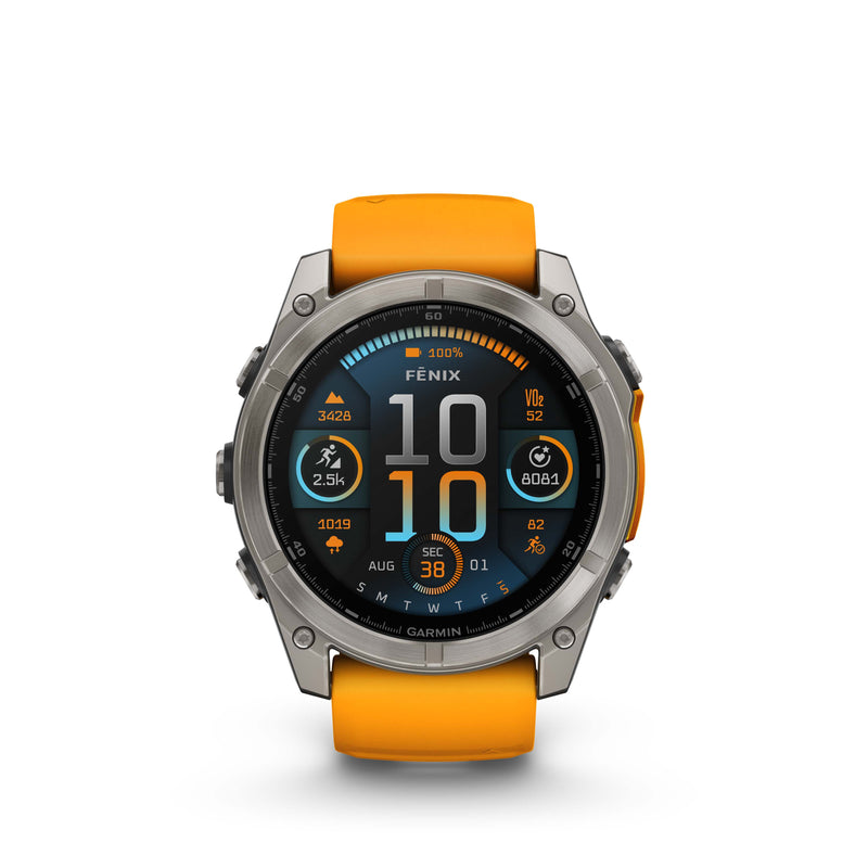 Fenix 8 GPS Smartwatch, 51mm - AMOLED Sapphire, Titanium with Spark Orange/Graphite Silicone Band - 010-02905-11