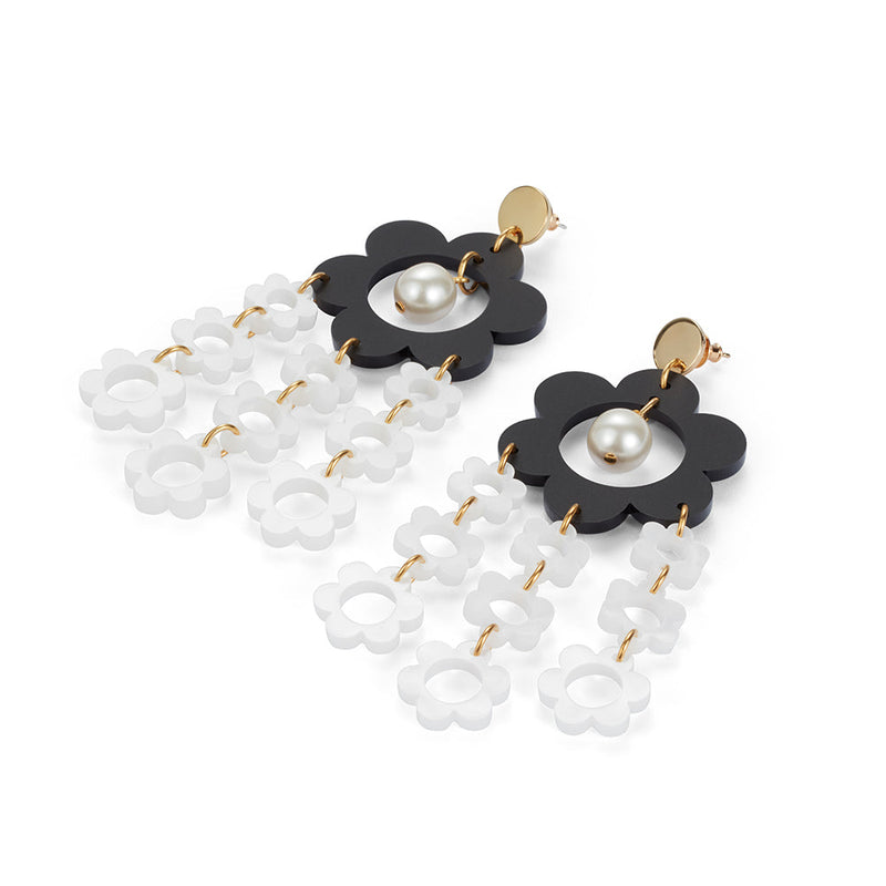 Flower Chandelier Earrings - Black & White - 23EFCbw