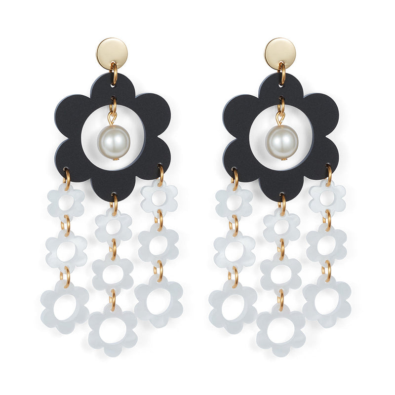 Flower Chandelier Earrings - Black & White - 23EFCbw