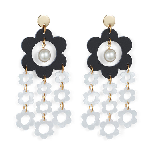 Flower Chandelier Earrings - Black & White - 23EFCbw