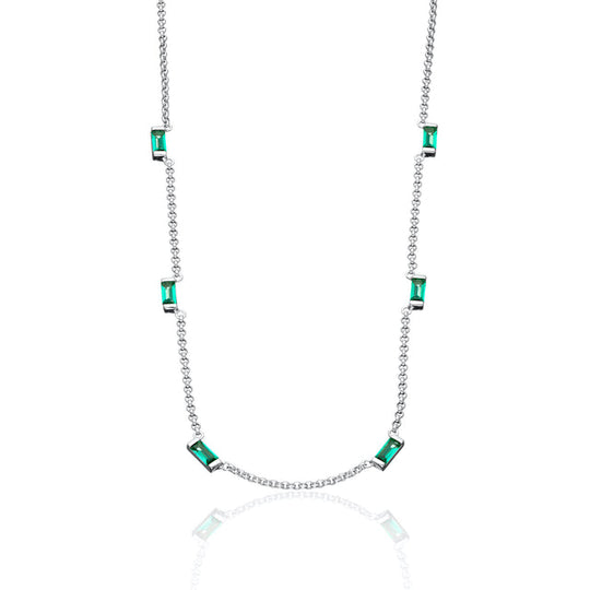 Cleopatra Green Baguette Chain Necklace - Silver - SPS-85