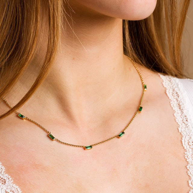 Cleopatra Green Baguette Chain Necklace - Gold - SPG-85
