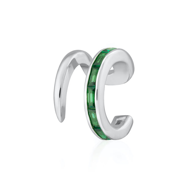 Green Baguette Small Single Ear Cuff - Silver - SPS-136