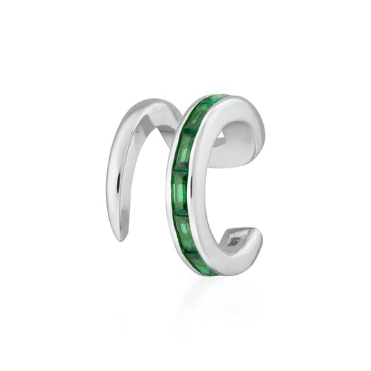 Green Baguette Small Single Ear Cuff - Silver - SPS-136