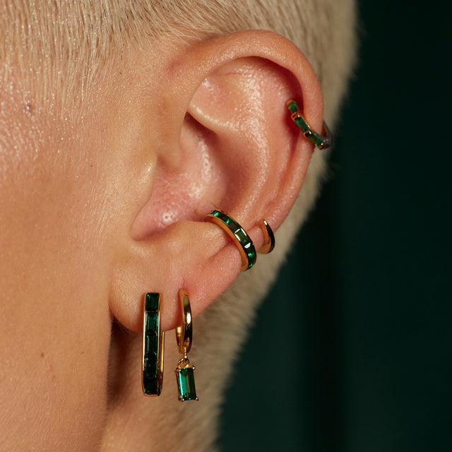 Green Baguette Small Single Ear Cuff - Gold - SPG-136