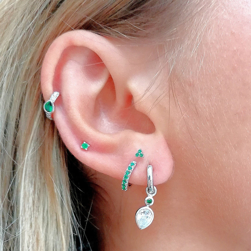 Green Stone Huggie Hoop & Tiny Stud Set Of Earrings - Silver - SPESSS185-384