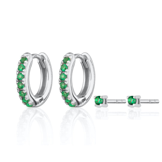 Green Stone Huggie Hoop & Tiny Stud Set Of Earrings - Silver - SPESSS185-384