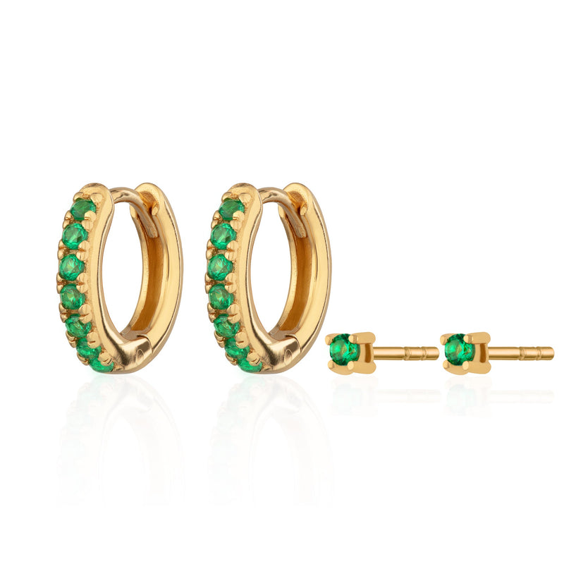 Green Stone Huggie Hoop & Tiny Stud Set Of Earrings - Gold - SPESGS185-384