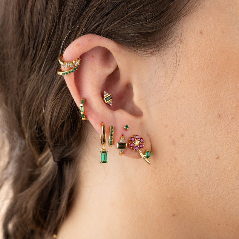 Green Stone Huggie Hoop Earrings - Gold - SPESGS185
