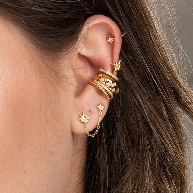 Interstellar Chained Star Stud Earring - Gold - SPG-352