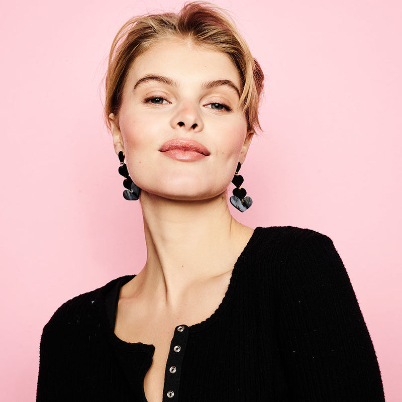 Heart Drop Earrings - Gold/Inky Black - 24EHDib