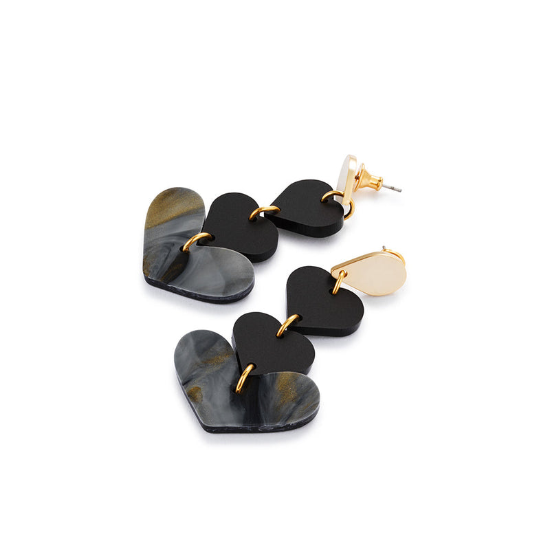 Heart Drop Earrings - Gold/Inky Black - 24EHDib