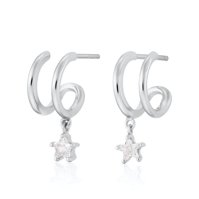 Illusion Hoop Star Drop Earrings - Silver - SPS-103