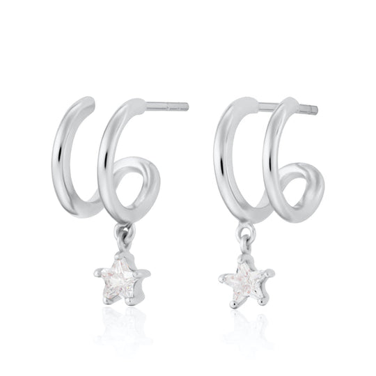 Illusion Hoop Star Drop Earrings - Silver - SPS-103