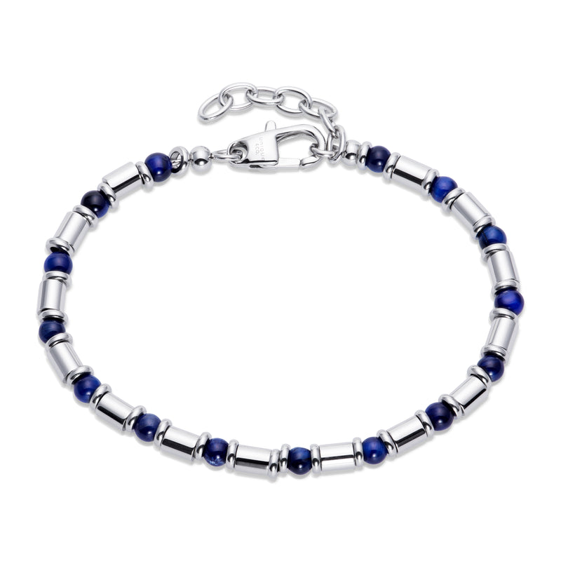 Stainless Steel Bracelet With Blue Tiger Eye Beads - LAB-224