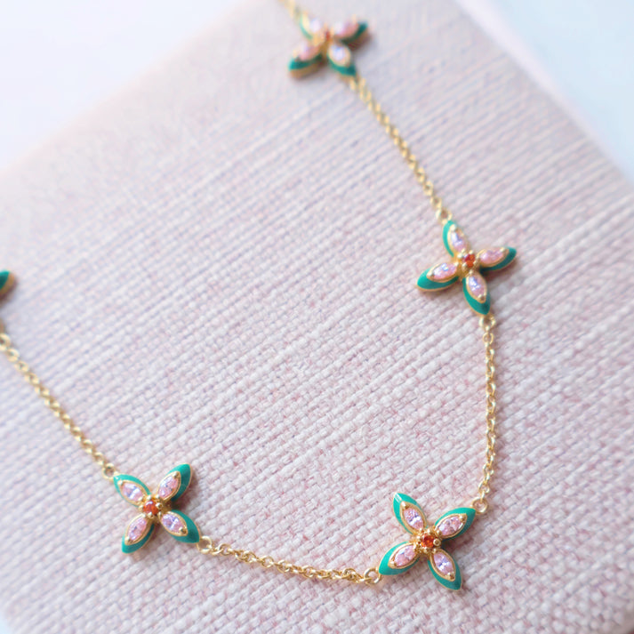 Lucky Clover Choker Necklace, Emerald Green/Blush Pink - Gold - AS22TRN10