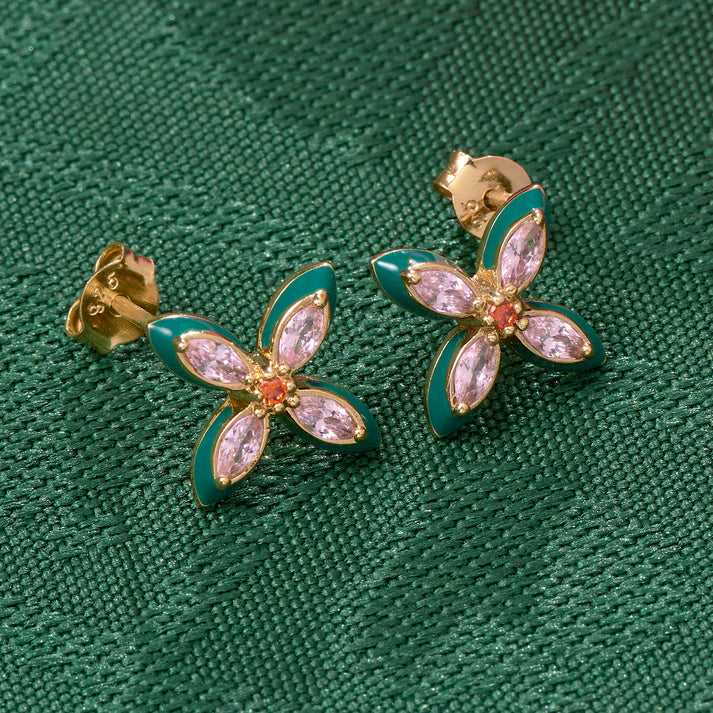 Lucky Clover Stud Earrings, Emerald Green/Blush Pink - Gold - AS22TRE35