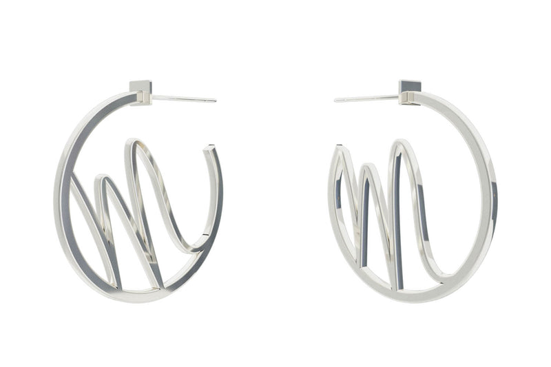 Small Alphabet Hoop Earring, Single Letter M, Left - Silver