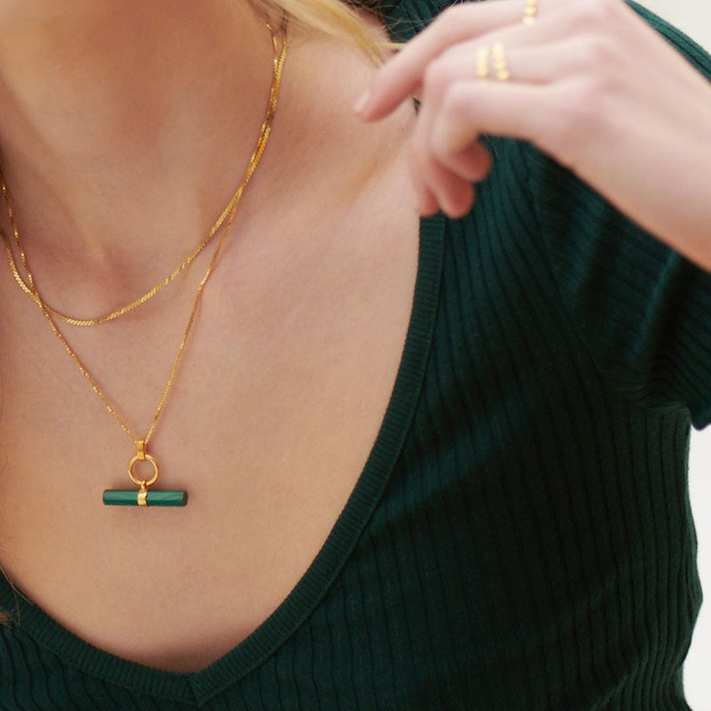 Protection T -Bar Necklace - Malachite - Gold - TBN3CMLGP