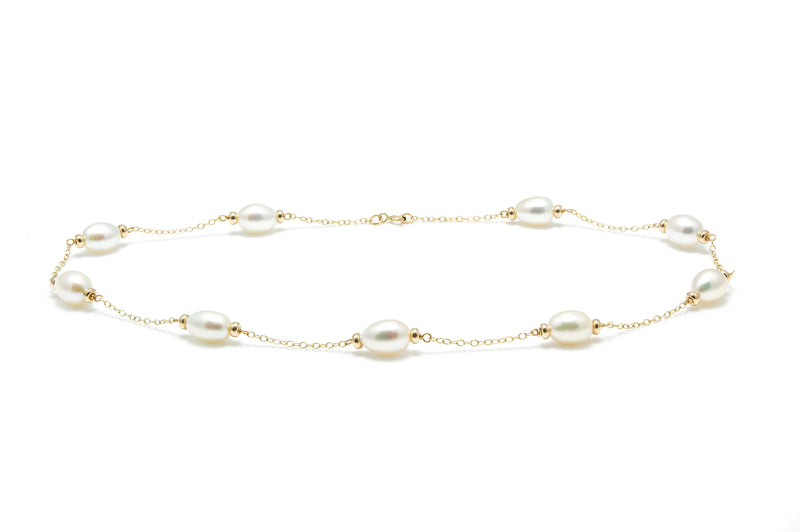 Freshwater White Barrel Pearl Necklace, 10-11mm - 9ct Yellow Gold - NJR208YGW