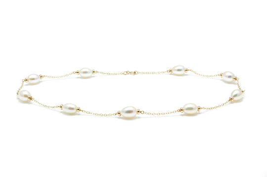 Freshwater White Barrel Pearl Necklace, 10-11mm - 9ct Yellow Gold - NJR208YGW