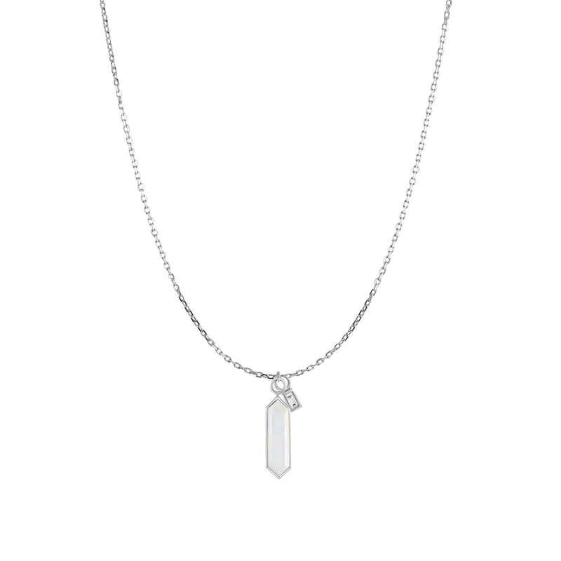 Hexa Moonstone & White Diamond Baguette Necklace - 9ct White Gold - NK-16-18H-WG-HEXMS-BAG-WD