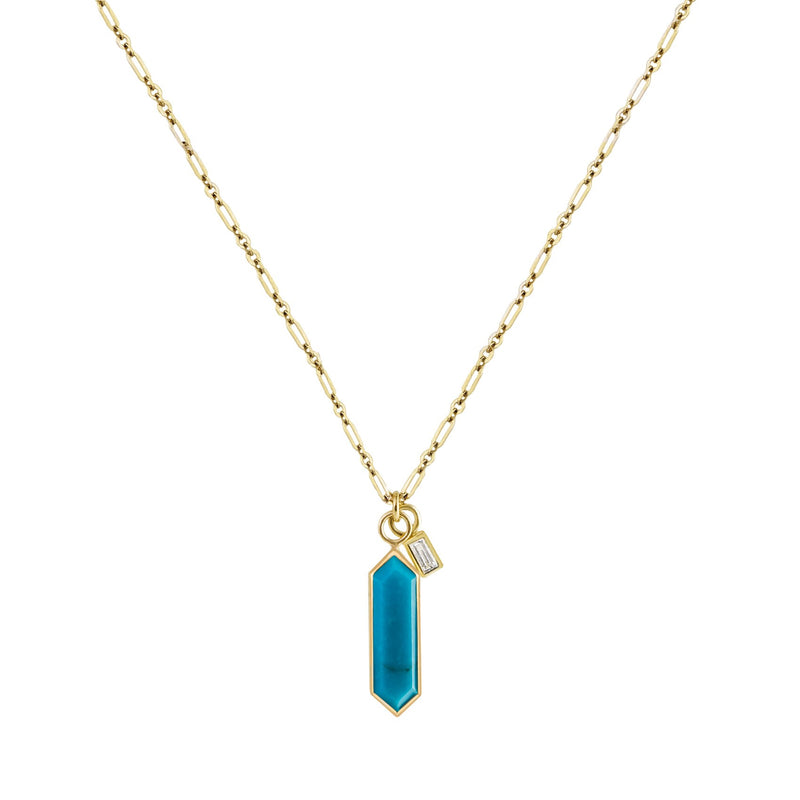 Roma Necklace With Turquoise Hexa and White Diamond - 9ct Yellow Gold - NK-ROMA-HEXTUR-BAGWD