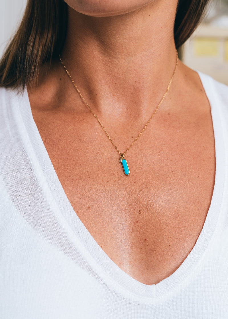 Roma Necklace With Turquoise Hexa and White Diamond - 9ct Yellow Gold - NK-ROMA-HEXTUR-BAGWD