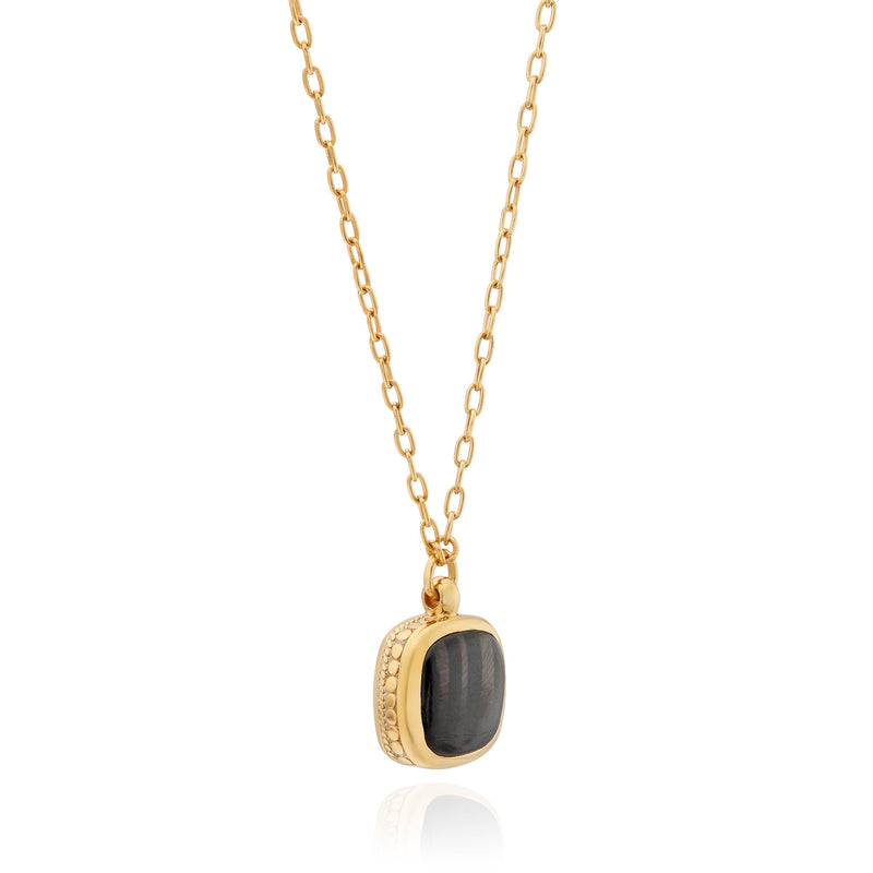 Small Hypersthene Cushion Pendant Necklace - Gold- NK10489-GHYM