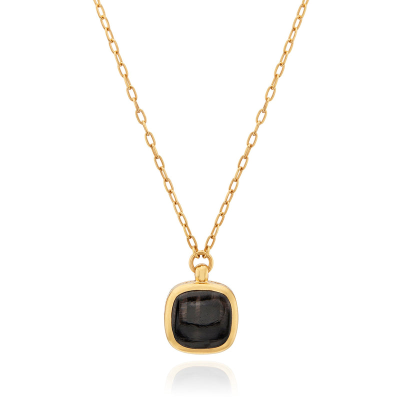 Small Hypersthene Cushion Pendant Necklace - Gold- NK10489-GHYM