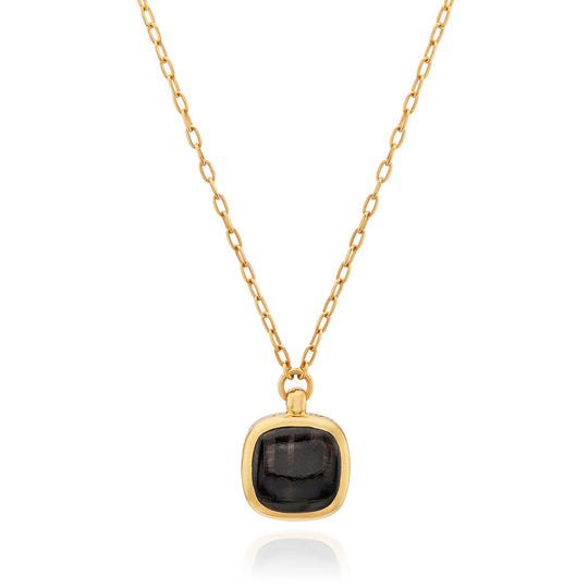 Small Hypersthene Cushion Pendant Necklace - Gold- NK10489-GHYM