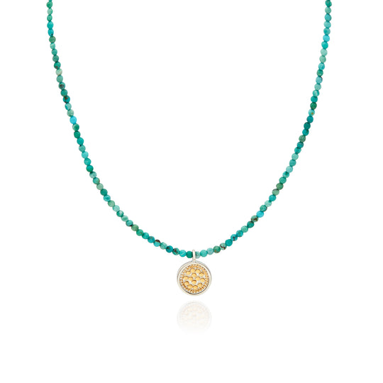 Delicate Beaded Turquoise Circle Pendant - Gold - NK10492-GTQ