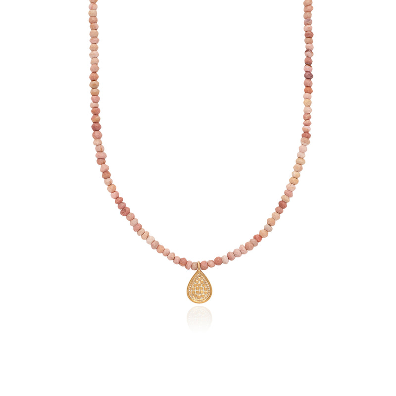Beaded Pink Opal Drop Pendant Necklace - NK10571-GPKOP