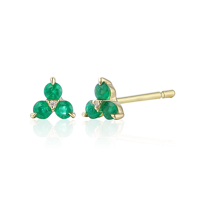 Three Stone Emerald & Diamond Stud Earrings - 9ct Yellow Gold - NTE2173ED-9YG